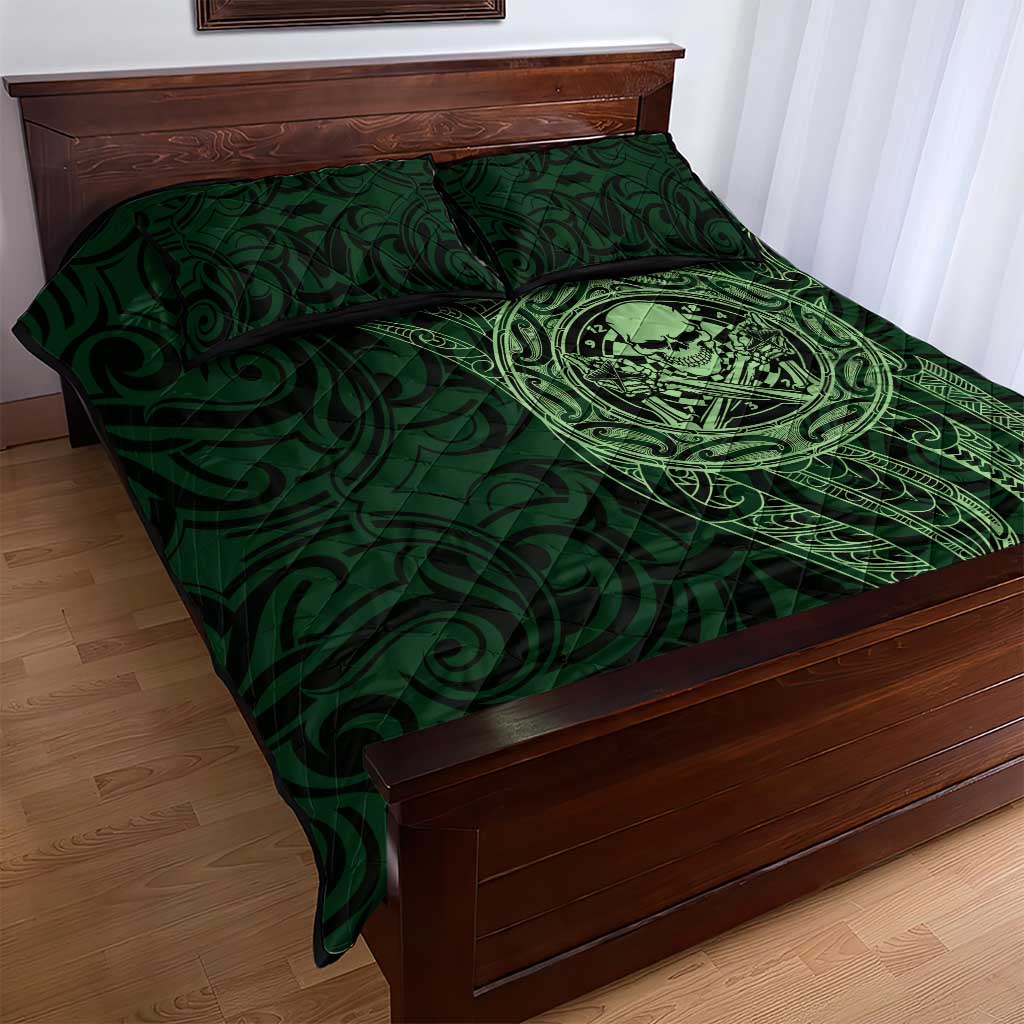 New Zealand Skull Darts Quilt Bed Set Aotearoa Maori Chest Tattoo Stylized Green - Polynesian Pride