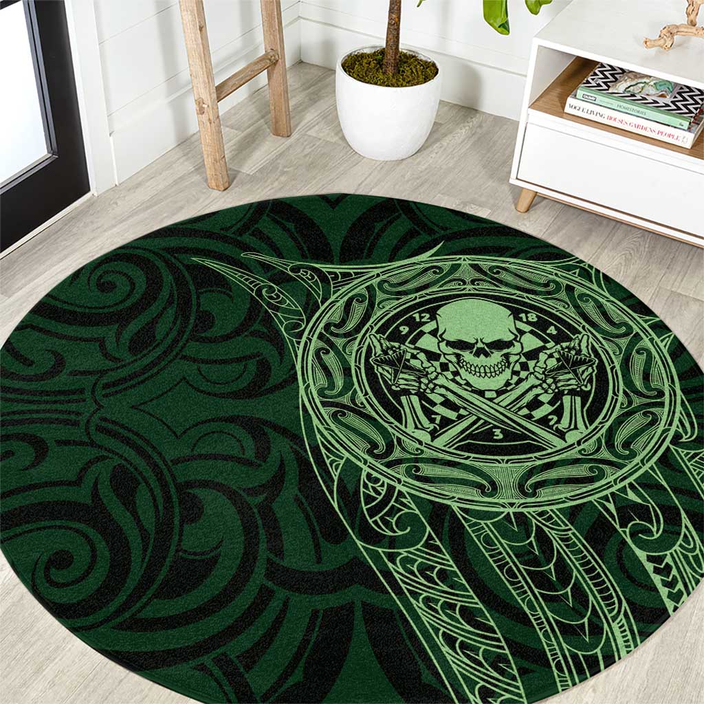 New Zealand Skull Darts Round Carpet Aotearoa Maori Chest Tattoo Stylized Green - Polynesian Pride