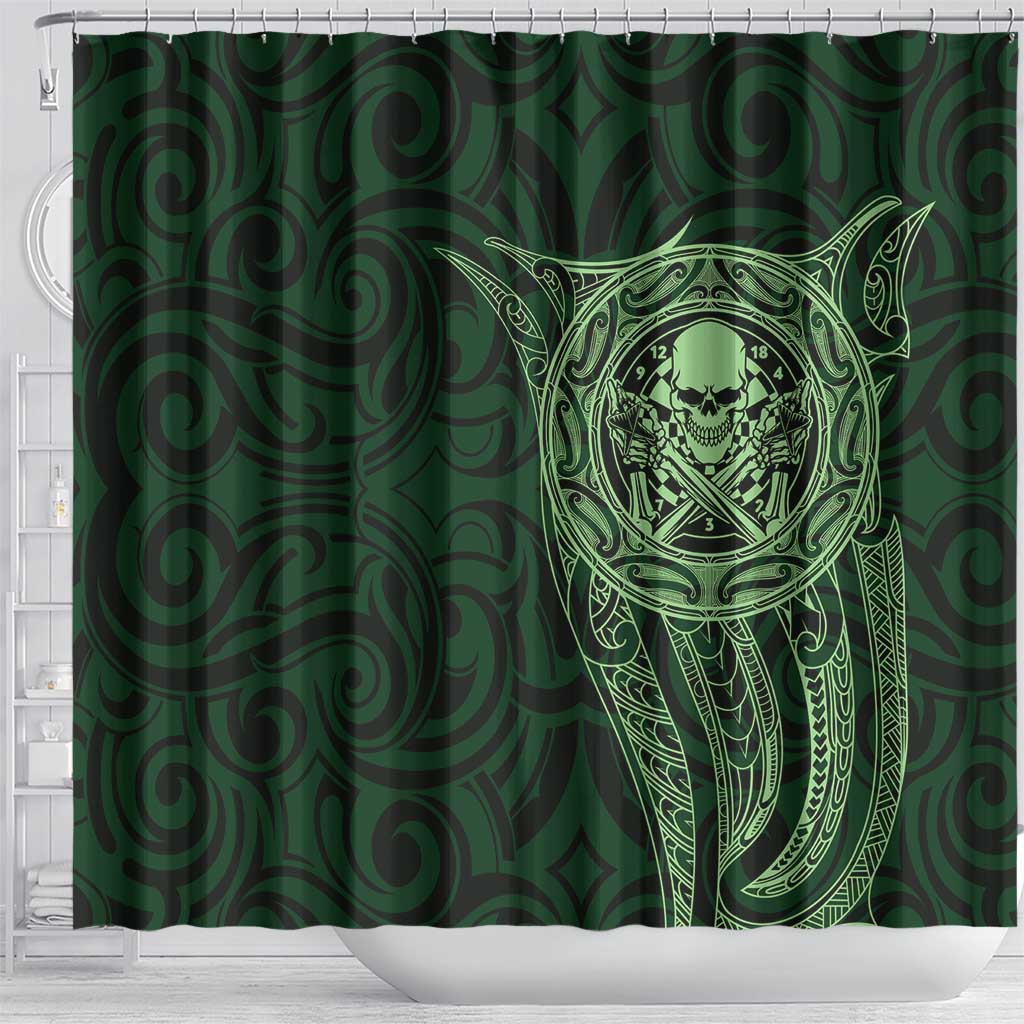New Zealand Skull Darts Shower Curtain Aotearoa Maori Chest Tattoo Stylized Green - Polynesian Pride