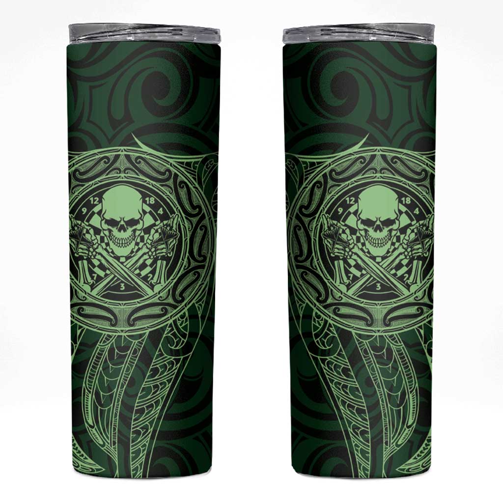 New Zealand Skull Darts Skinny Tumbler Aotearoa Maori Chest Tattoo Stylized Green - Polynesian Pride