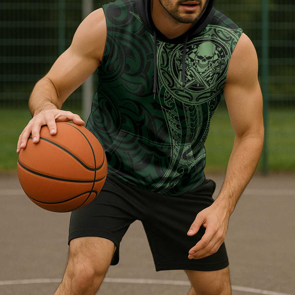 New Zealand Skull Darts Sleeveless Hoodie Aotearoa Maori Chest Tattoo Stylized Green - Polynesian Pride