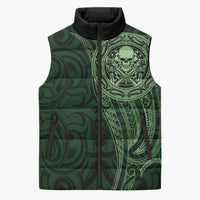 New Zealand Skull Darts Sleeveless Puffer Jacket Aotearoa Maori Chest Tattoo Stylized Green - Polynesian Pride