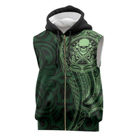 New Zealand Skull Darts Sleeveless Zip Hoodie Aotearoa Maori Chest Tattoo Stylized Green - Polynesian Pride