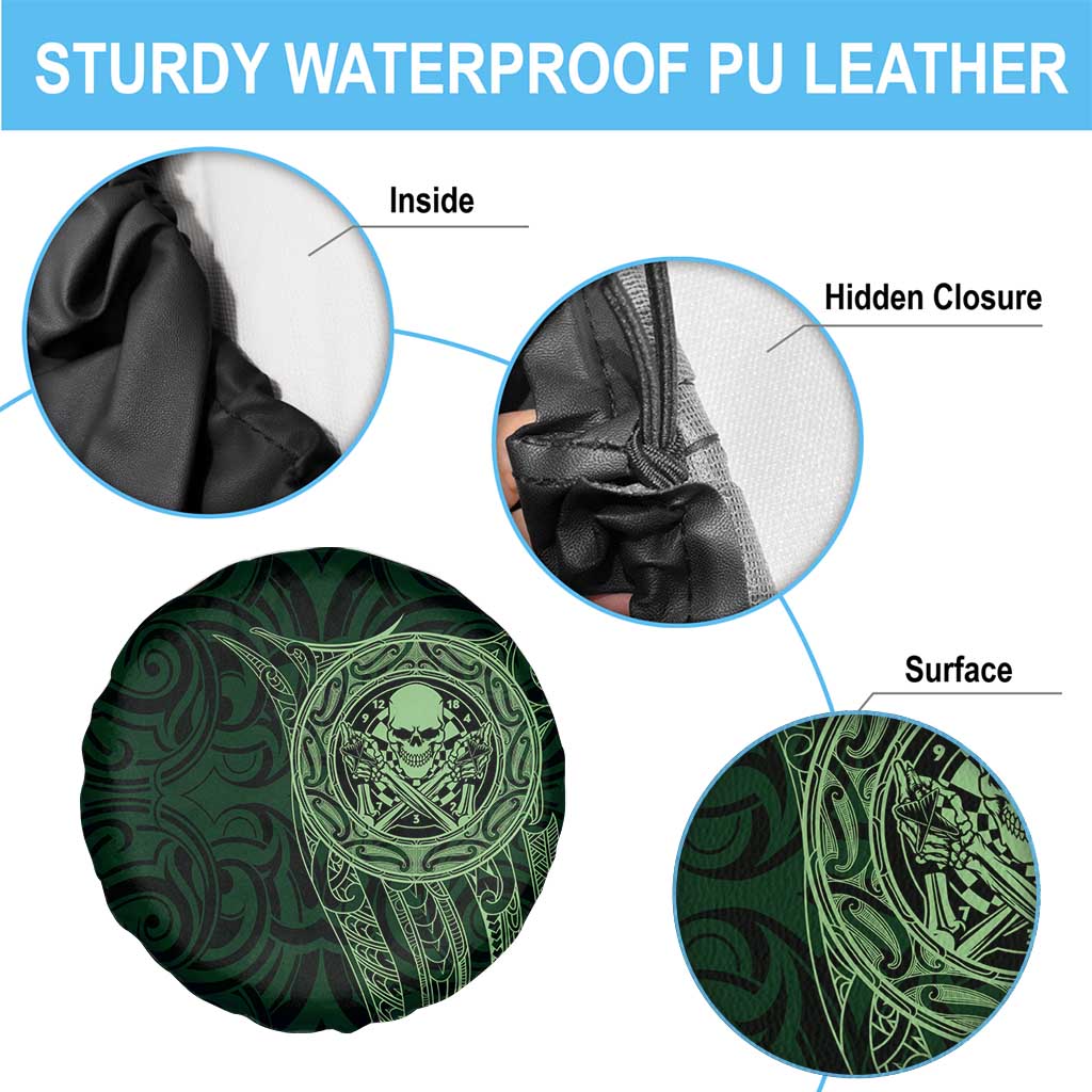 New Zealand Skull Darts Spare Tire Cover Aotearoa Maori Chest Tattoo Stylized Green - Polynesian Pride