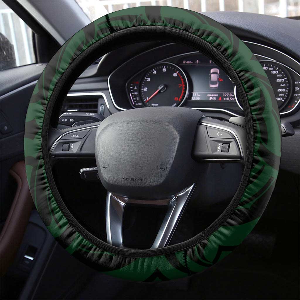 New Zealand Skull Darts Steering Wheel Cover Aotearoa Maori Chest Tattoo Stylized Green - Polynesian Pride
