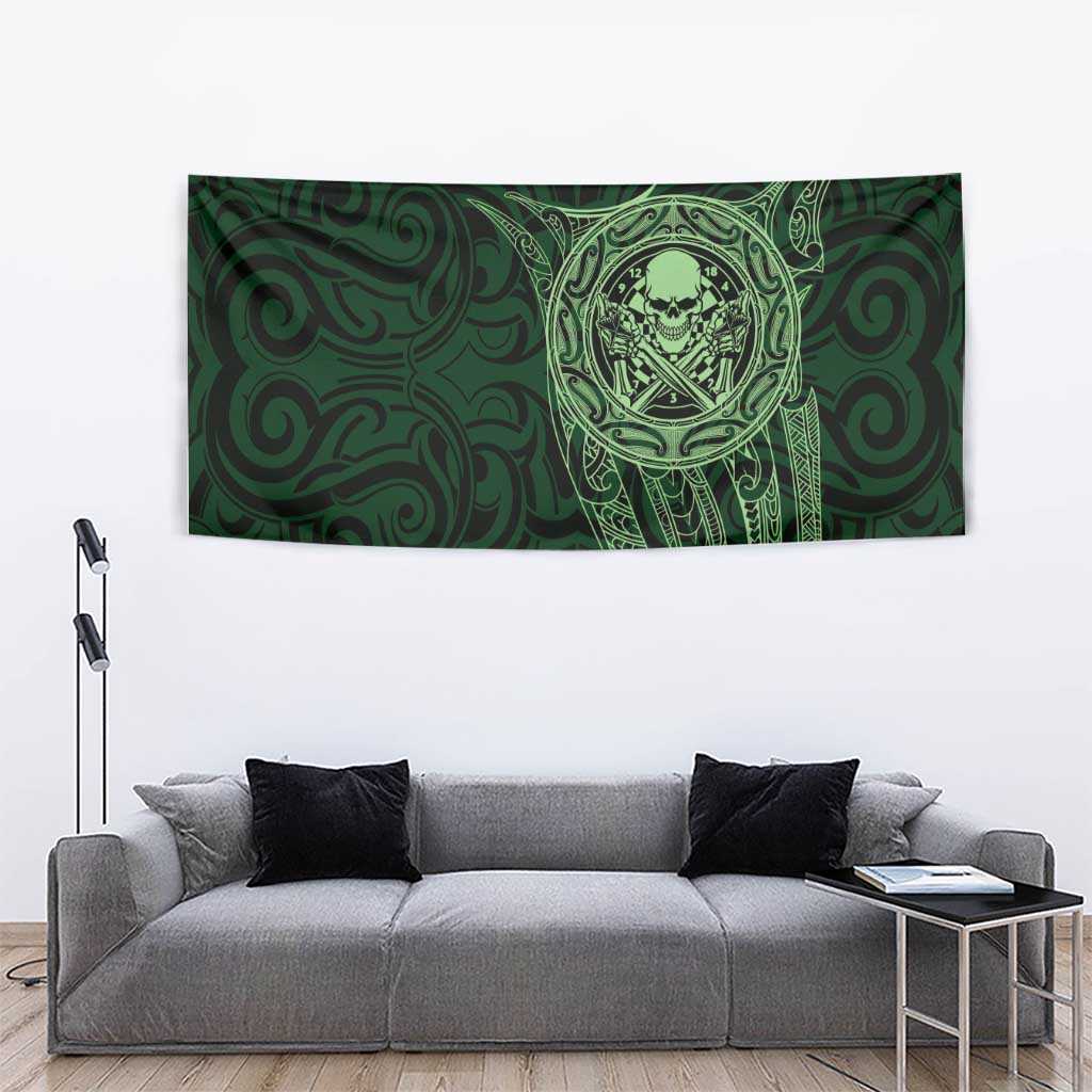 New Zealand Skull Darts Tapestry Aotearoa Maori Chest Tattoo Stylized Green - Polynesian Pride
