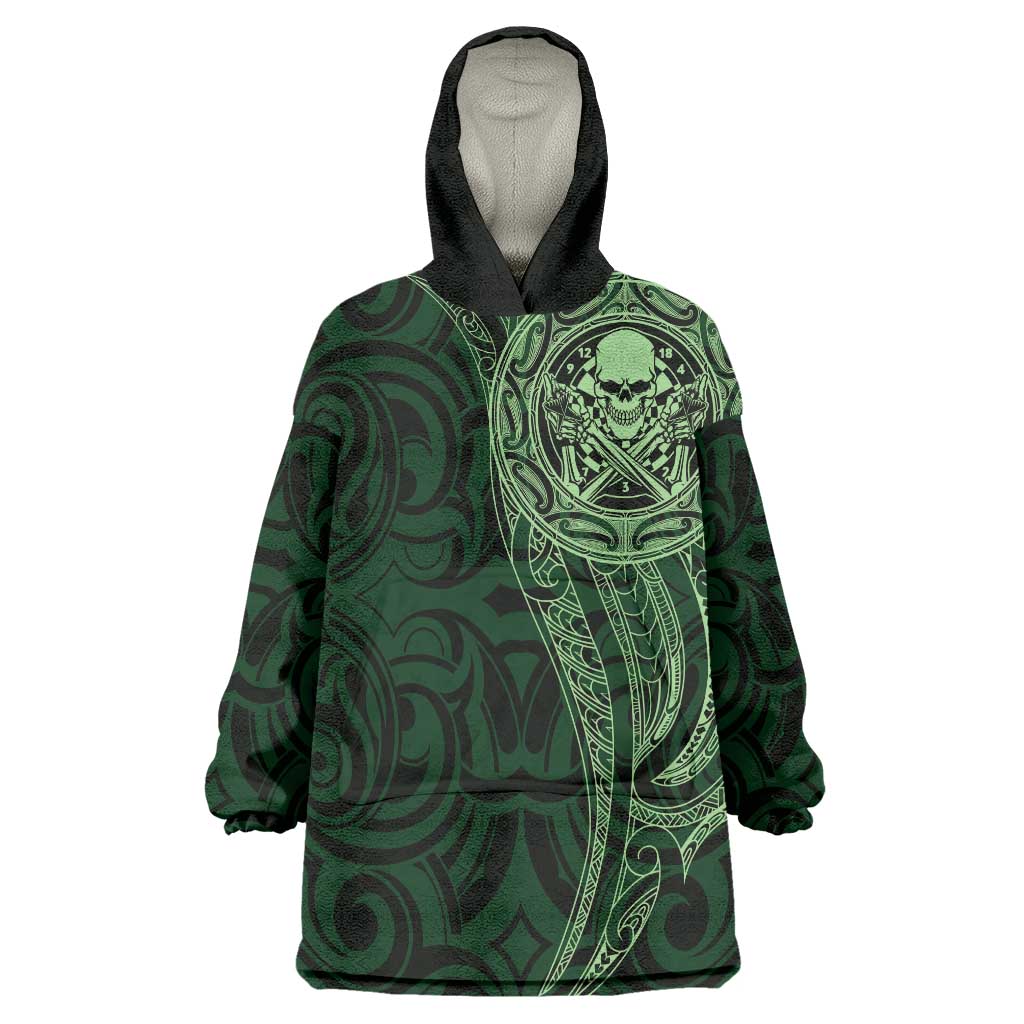 New Zealand Skull Darts Wearable Blanket Hoodie Aotearoa Maori Chest Tattoo Stylized Green - Polynesian Pride