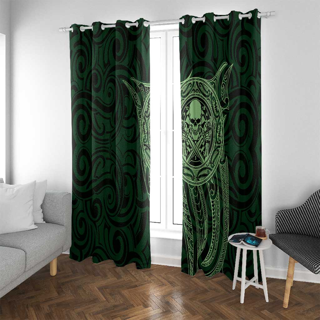 New Zealand Skull Darts Window Curtain Aotearoa Maori Chest Tattoo Stylized Green - Polynesian Pride