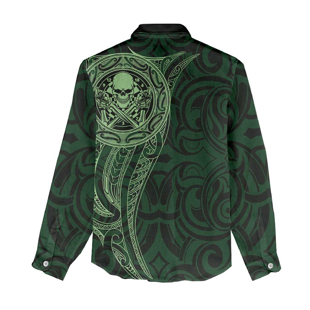 New Zealand Skull Darts Women Casual Shirt Aotearoa Maori Chest Tattoo Stylized Green - Polynesian Pride