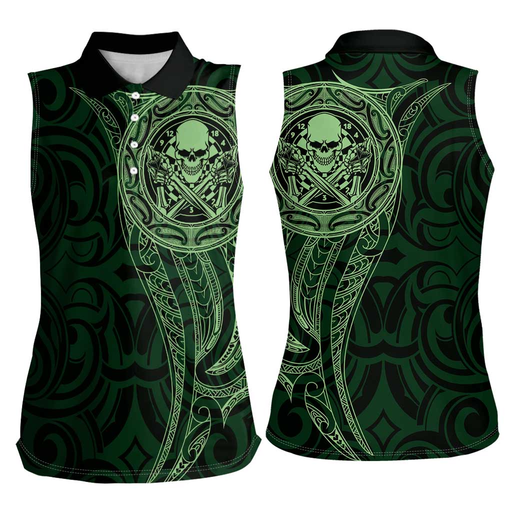 New Zealand Skull Darts Women Sleeveless Polo Shirt Aotearoa Maori Chest Tattoo Stylized Green - Polynesian Pride