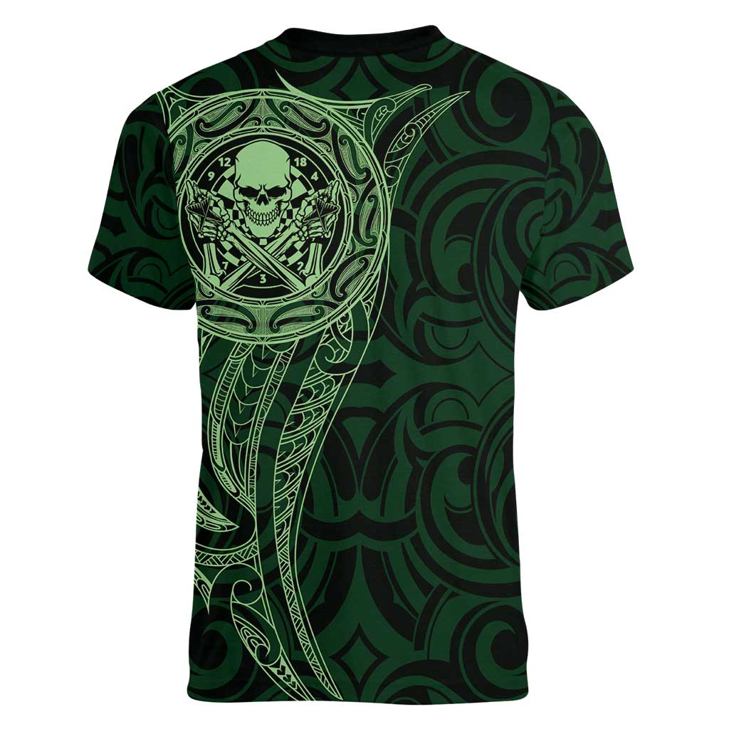 New Zealand Skull Darts Women V-Neck T-Shirt Aotearoa Maori Chest Tattoo Stylized Green - Polynesian Pride