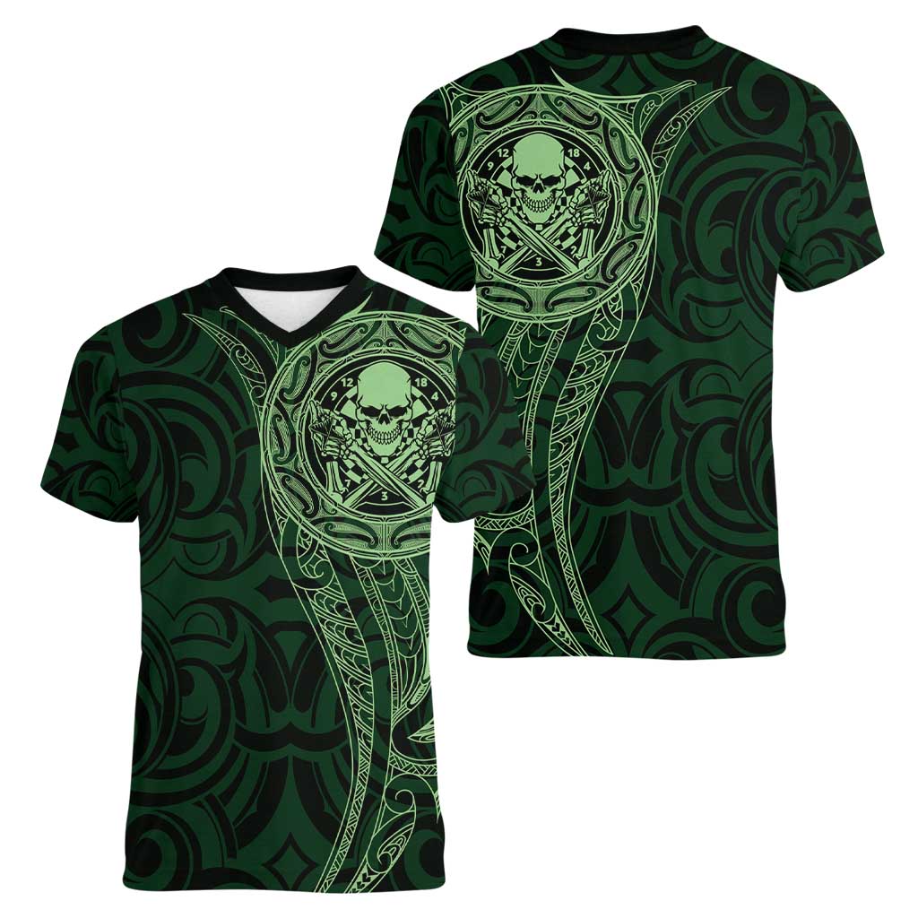 New Zealand Skull Darts Women V-Neck T-Shirt Aotearoa Maori Chest Tattoo Stylized Green - Polynesian Pride