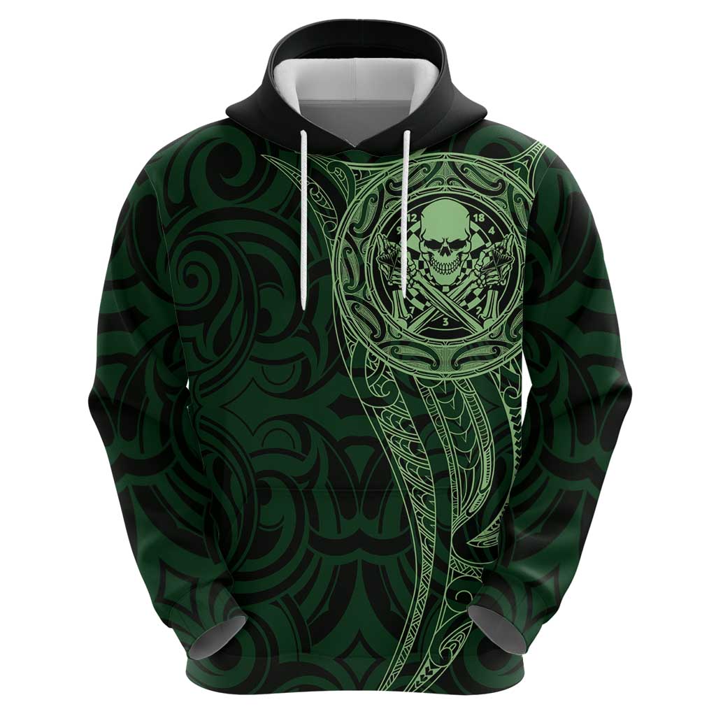 New Zealand Skull Darts Zip Hoodie Aotearoa Maori Chest Tattoo Stylized Green - Polynesian Pride