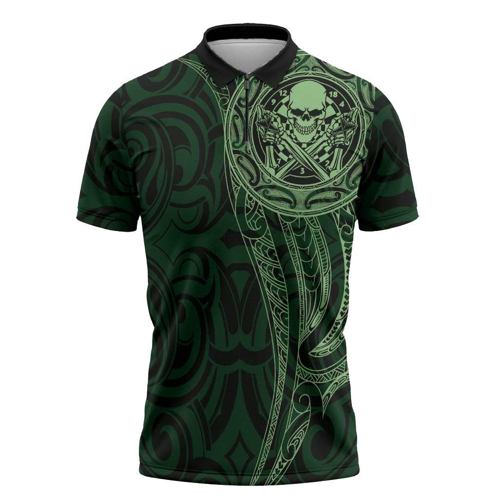 New Zealand Skull Darts Zipper Polo Shirt Aotearoa Maori Chest Tattoo Stylized Green - Polynesian Pride