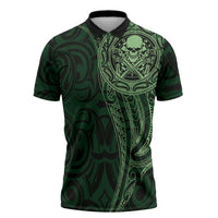 New Zealand Skull Darts Zipper Polo Shirt Aotearoa Maori Chest Tattoo Stylized Green - Polynesian Pride