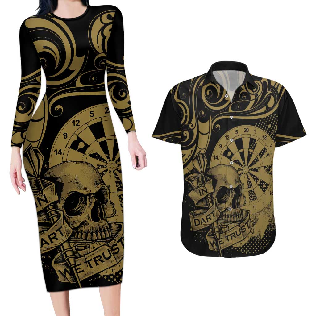 New Zealand Darts Couples Matching Long Sleeve Bodycon Dress and Hawaiian Shirt Skull In Dart We Trust Maori Pattern - Polynesian Pride