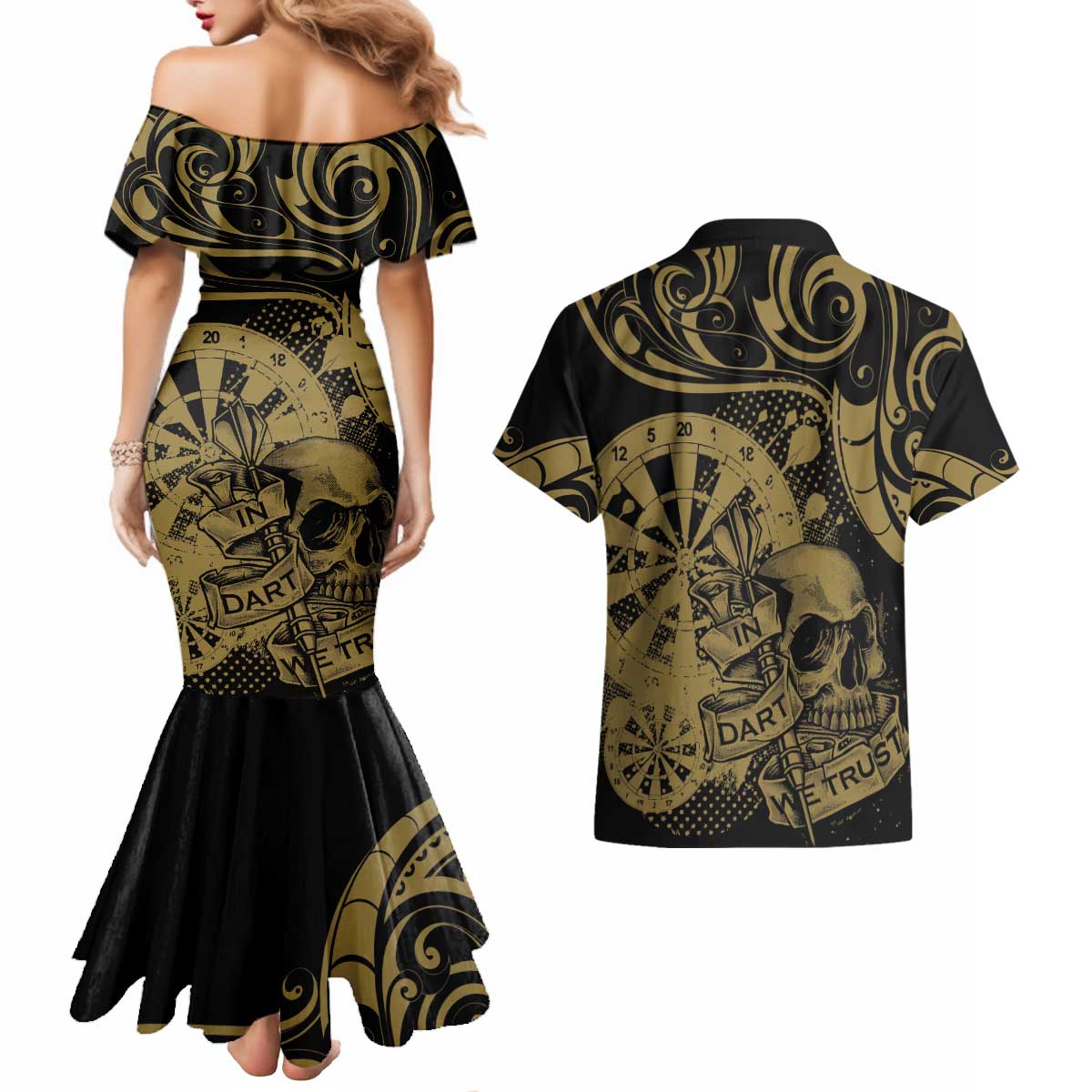 New Zealand Darts Couples Matching Mermaid Dress and Hawaiian Shirt Skull In Dart We Trust Maori Pattern - Polynesian Pride