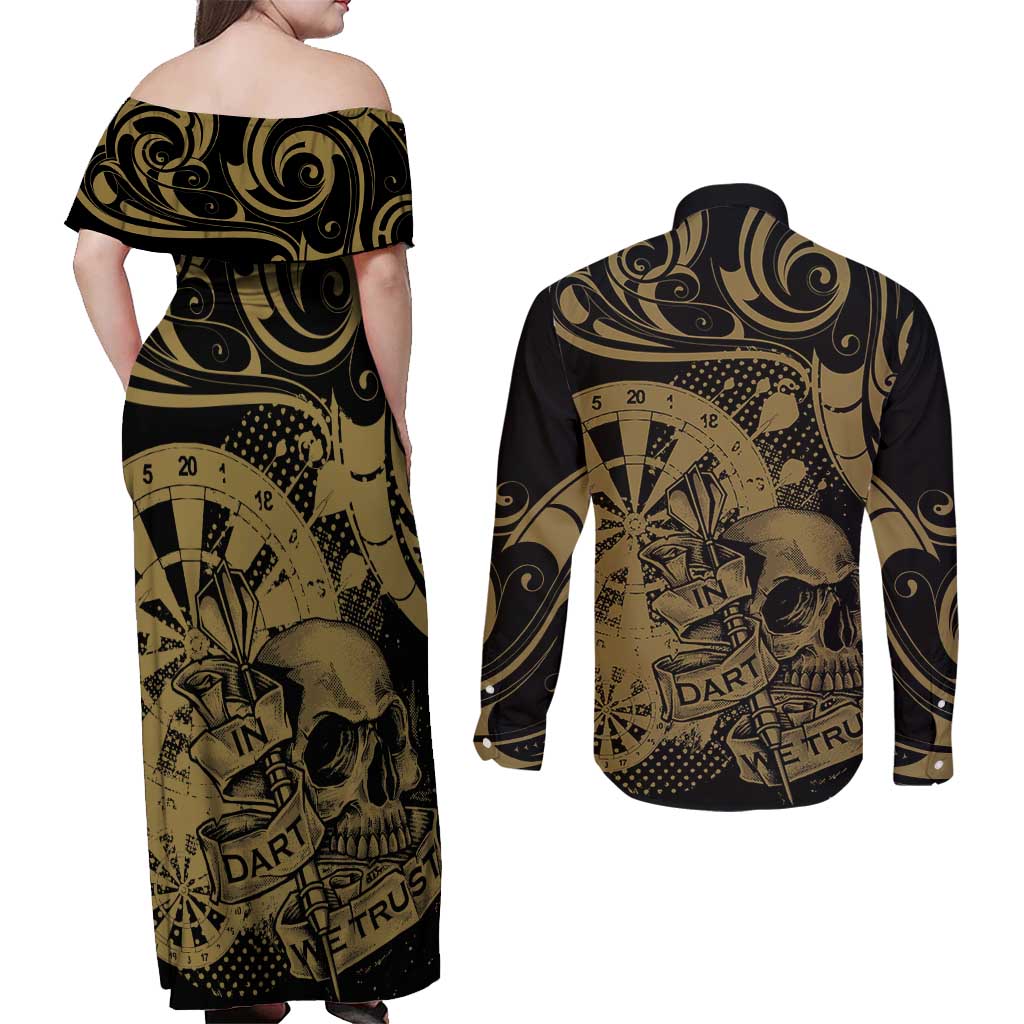 New Zealand Darts Couples Matching Off Shoulder Maxi Dress and Long Sleeve Button Shirt Skull In Dart We Trust Maori Pattern - Polynesian Pride