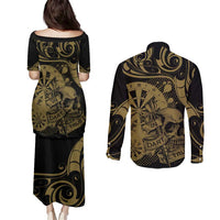New Zealand Darts Couples Matching Puletasi and Long Sleeve Button Shirt Skull In Dart We Trust Maori Pattern - Polynesian Pride