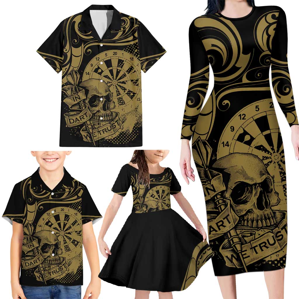 New Zealand Darts Family Matching Long Sleeve Bodycon Dress and Hawaiian Shirt Skull In Dart We Trust Maori Pattern - Polynesian Pride