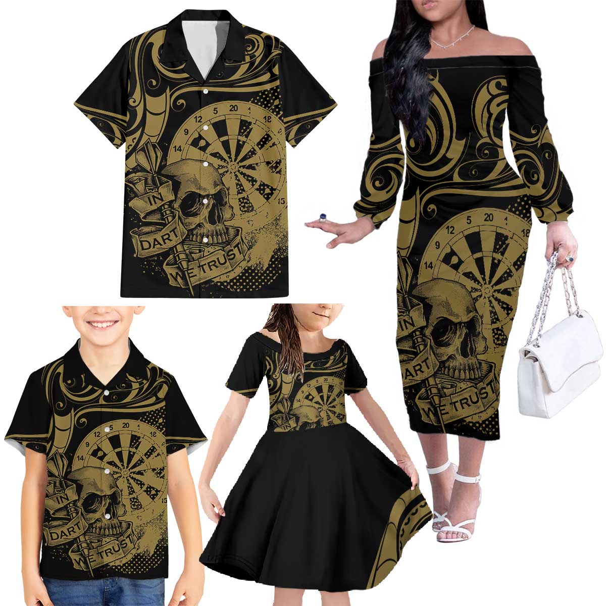 New Zealand Darts Family Matching Off The Shoulder Long Sleeve Dress and Hawaiian Shirt Skull In Dart We Trust Maori Pattern - Polynesian Pride