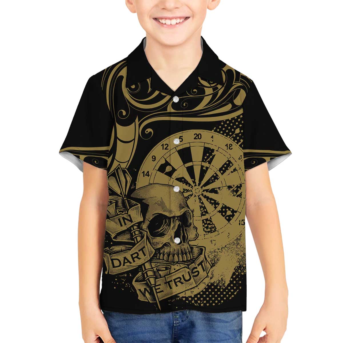 New Zealand Darts Family Matching Off The Shoulder Long Sleeve Dress and Hawaiian Shirt Skull In Dart We Trust Maori Pattern - Polynesian Pride