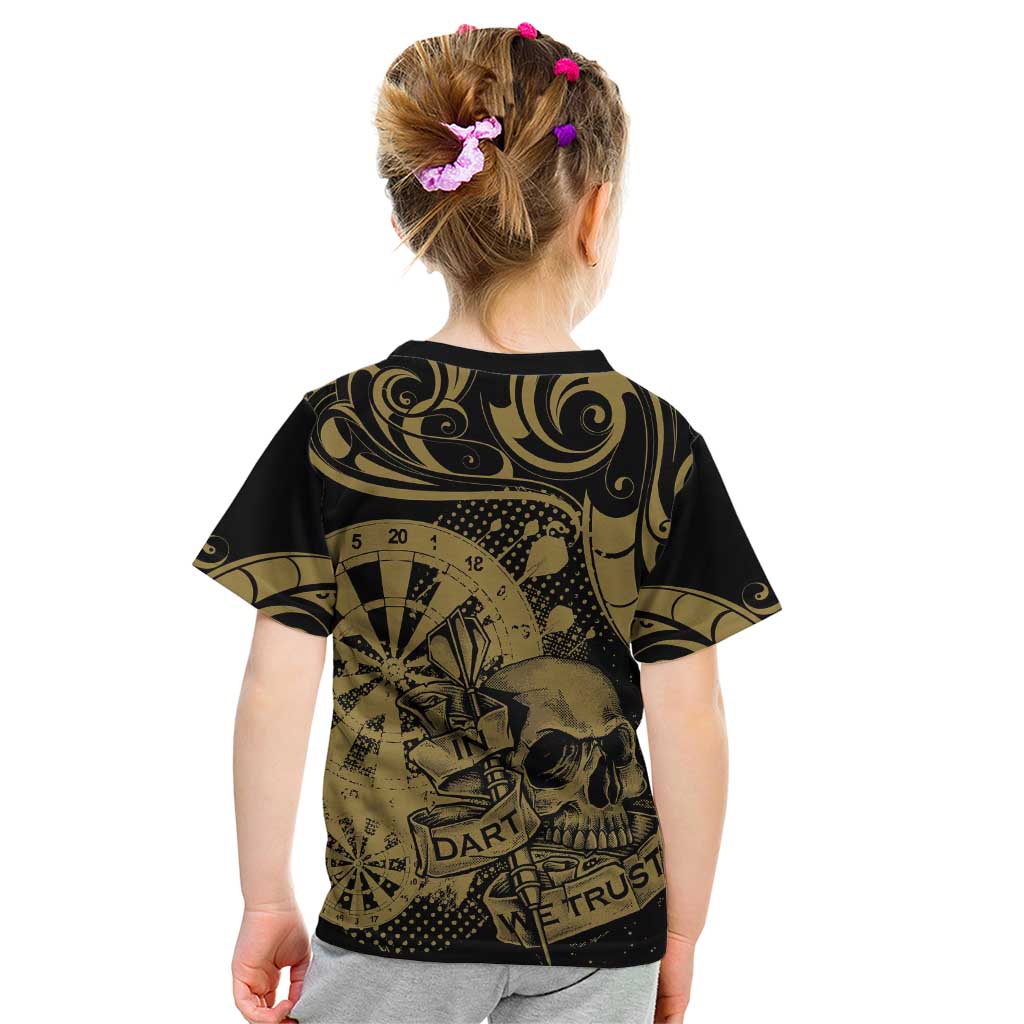 New Zealand Darts Kid T Shirt Skull In Dart We Trust Maori Pattern - Polynesian Pride