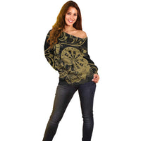 New Zealand Darts Off Shoulder Sweater Skull In Dart We Trust Maori Pattern - Polynesian Pride