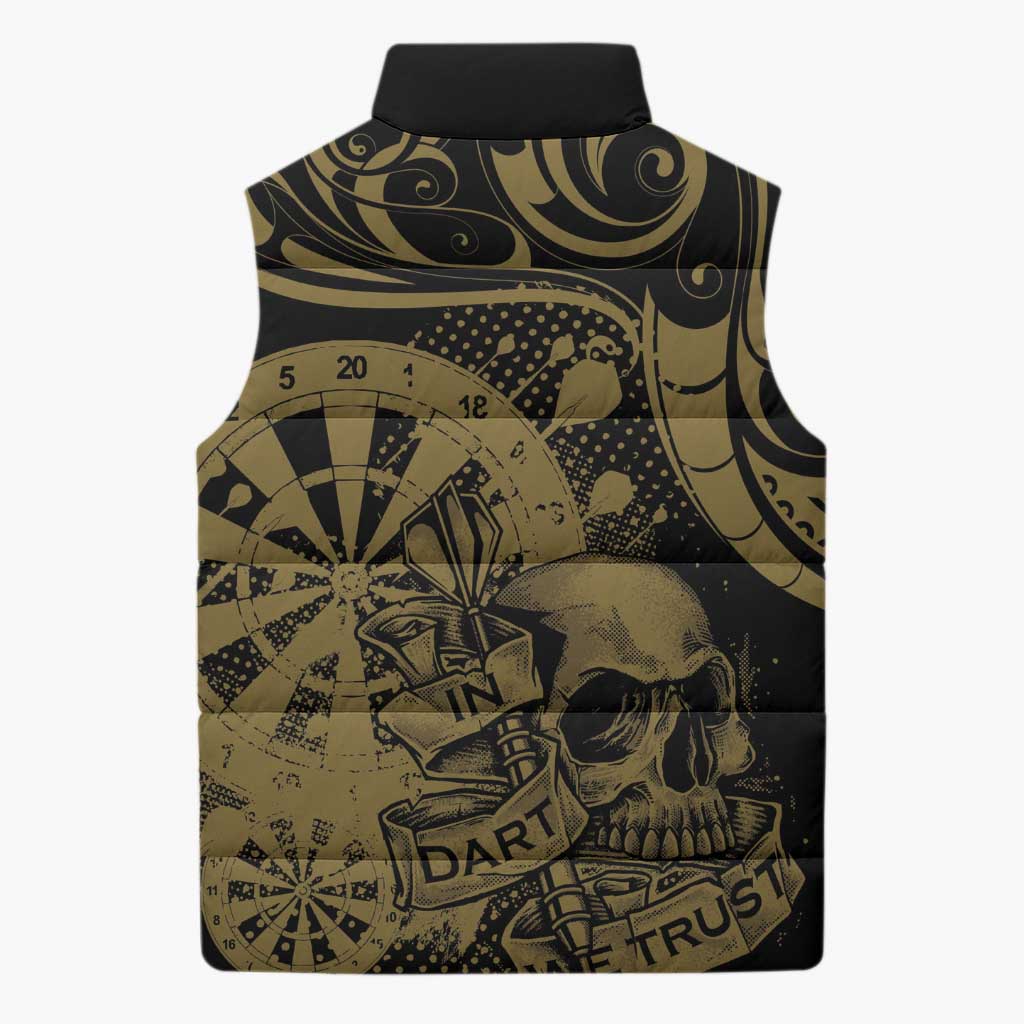 New Zealand Darts Sleeveless Puffer Jacket Skull In Dart We Trust Maori Pattern - Polynesian Pride