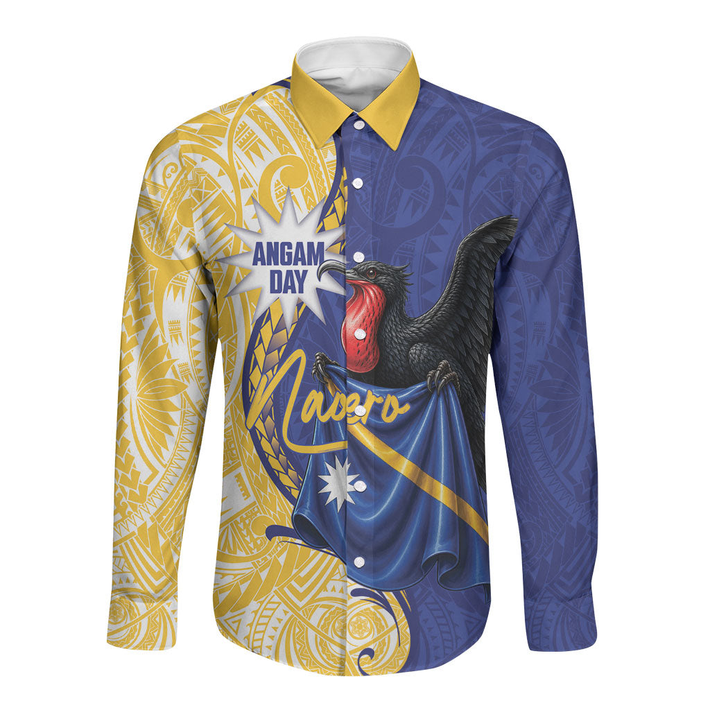 Personalised Nauru Angam Day Long Sleeve Button Shirt Naoero Frigatebird With Flag Proud LT14 Unisex Blue - Polynesian Pride
