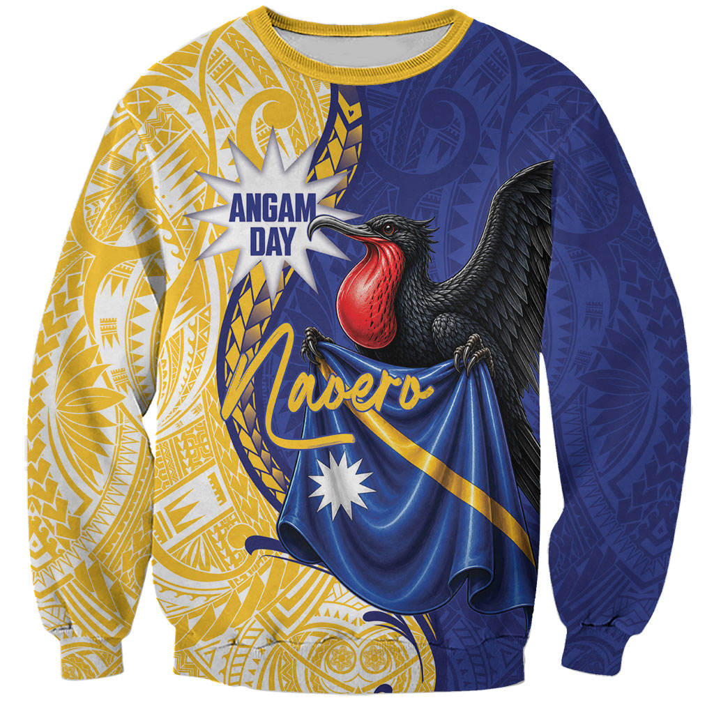 Personalised Nauru Angam Day Sweatshirt Naoero Frigatebird With Flag Proud LT14 Unisex Blue - Polynesian Pride