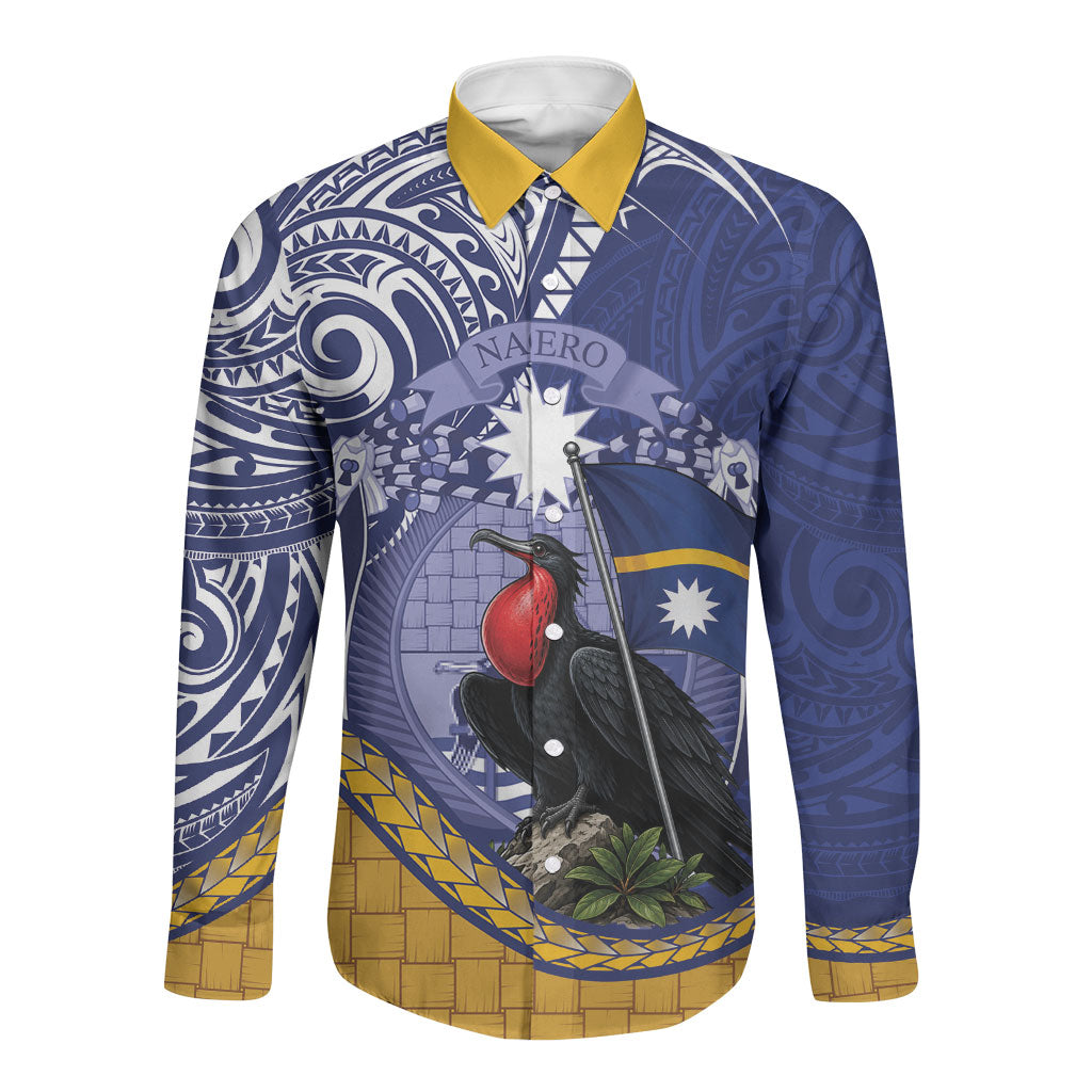 Magnificent Frigatebird Nauru Long Sleeve Button Shirt Pandanus Weaving Polynesian Pattern LT14 Unisex Blue - Polynesian Pride