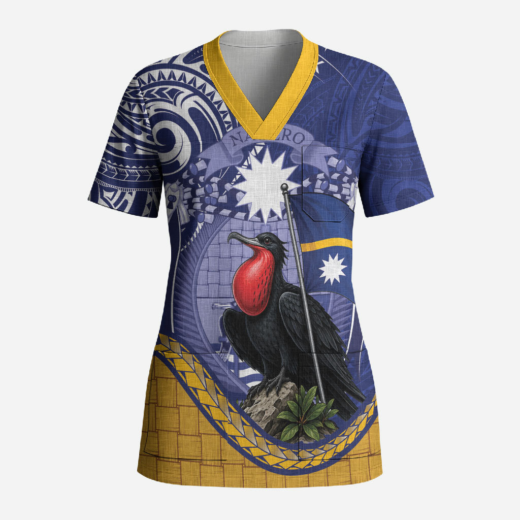 Magnificent Frigatebird Nauru Scrub Top Pandanus Weaving Polynesian Pattern LT14 Adult Blue - Polynesian Pride