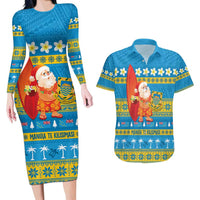 Tuvalu Christmas Couples Matching Long Sleeve Bodycon Dress and Hawaiian Shirt Cute Santa Manuia te Kilisimasi - Polynesian Pride