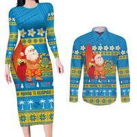 Tuvalu Christmas Couples Matching Long Sleeve Bodycon Dress and Long Sleeve Button Shirt Cute Santa Manuia te Kilisimasi - Polynesian Pride