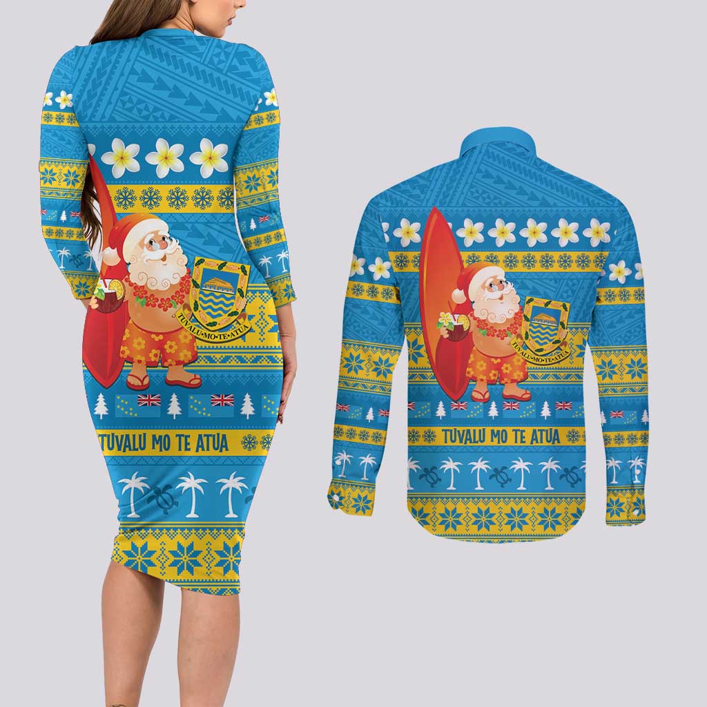 Tuvalu Christmas Couples Matching Long Sleeve Bodycon Dress and Long Sleeve Button Shirt Cute Santa Manuia te Kilisimasi - Polynesian Pride