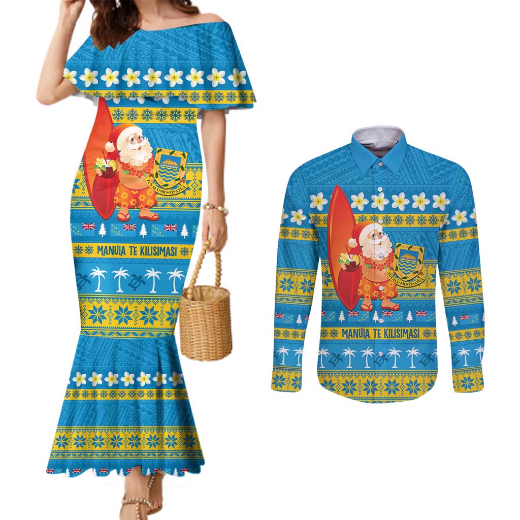 Tuvalu Christmas Couples Matching Mermaid Dress and Long Sleeve Button Shirt Cute Santa Manuia te Kilisimasi - Polynesian Pride