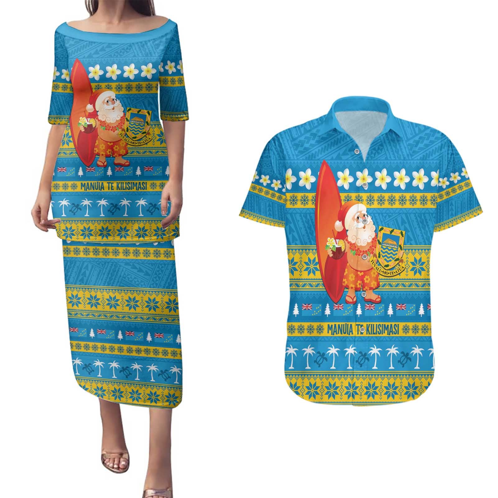 Tuvalu Christmas Couples Matching Puletasi and Hawaiian Shirt Cute Santa Manuia te Kilisimasi - Polynesian Pride