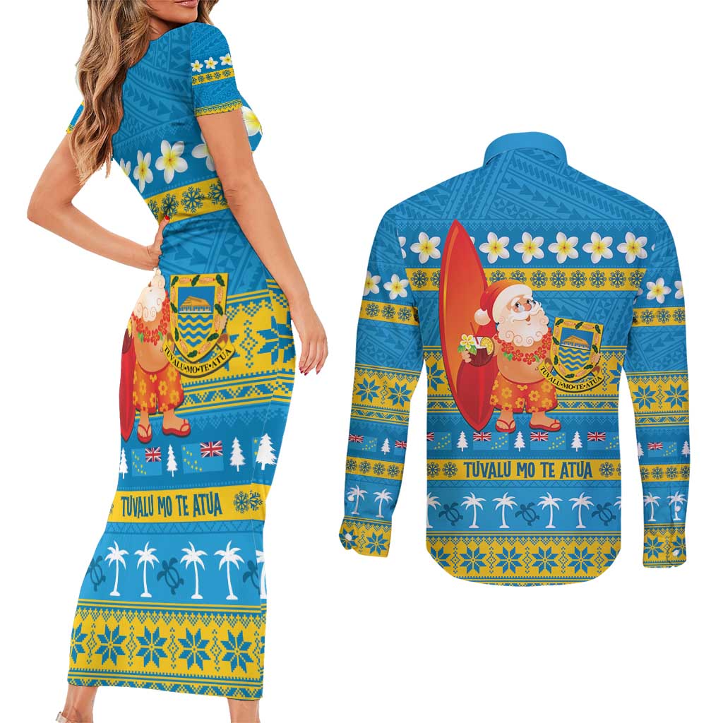 Tuvalu Christmas Couples Matching Short Sleeve Bodycon Dress and Long Sleeve Button Shirt Cute Santa Manuia te Kilisimasi - Polynesian Pride