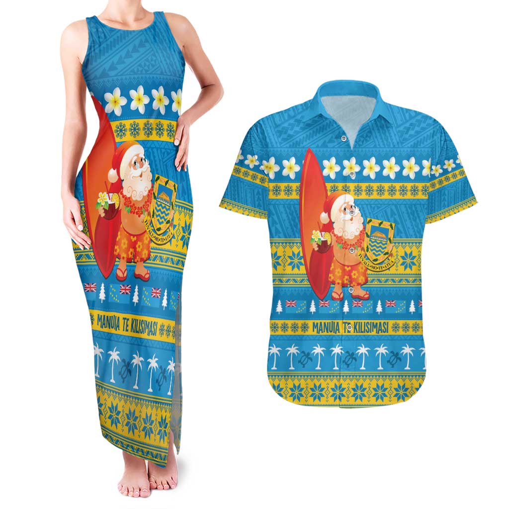 Tuvalu Christmas Couples Matching Tank Maxi Dress and Hawaiian Shirt Cute Santa Manuia te Kilisimasi - Polynesian Pride