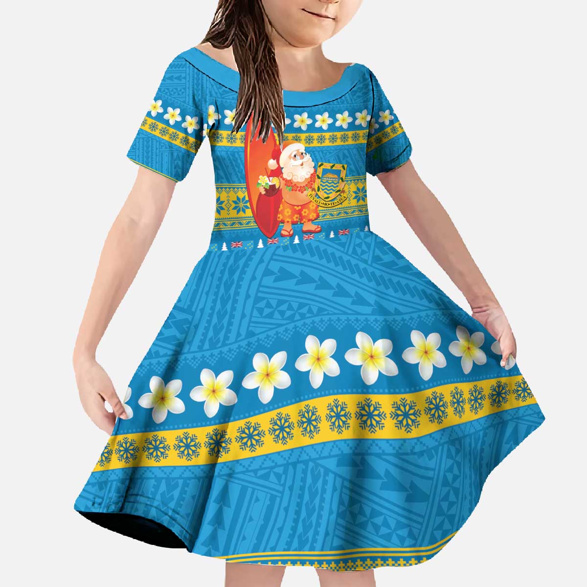 Tuvalu Christmas Family Matching Off The Shoulder Long Sleeve Dress and Hawaiian Shirt Cute Santa Manuia te Kilisimasi - Polynesian Pride