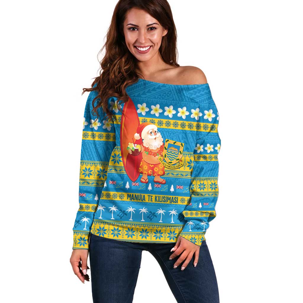 Tuvalu Christmas Off Shoulder Sweater Cute Santa Manuia te Kilisimasi - Polynesian Pride