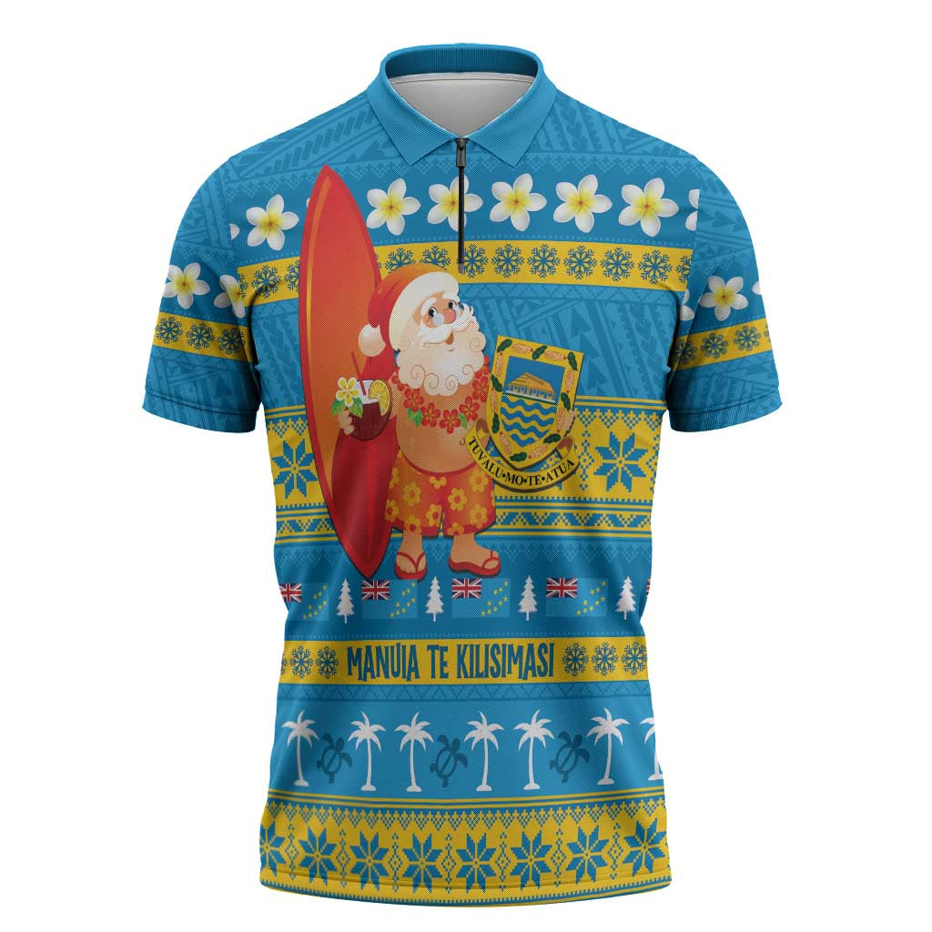 Tuvalu Christmas Zipper Polo Shirt Cute Santa Manuia te Kilisimasi - Polynesian Pride