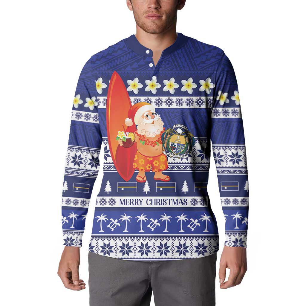 Nauru Christmas Button Sweatshirt Cute Santa Coat Of Arms Merry Xmas - Polynesian Pride