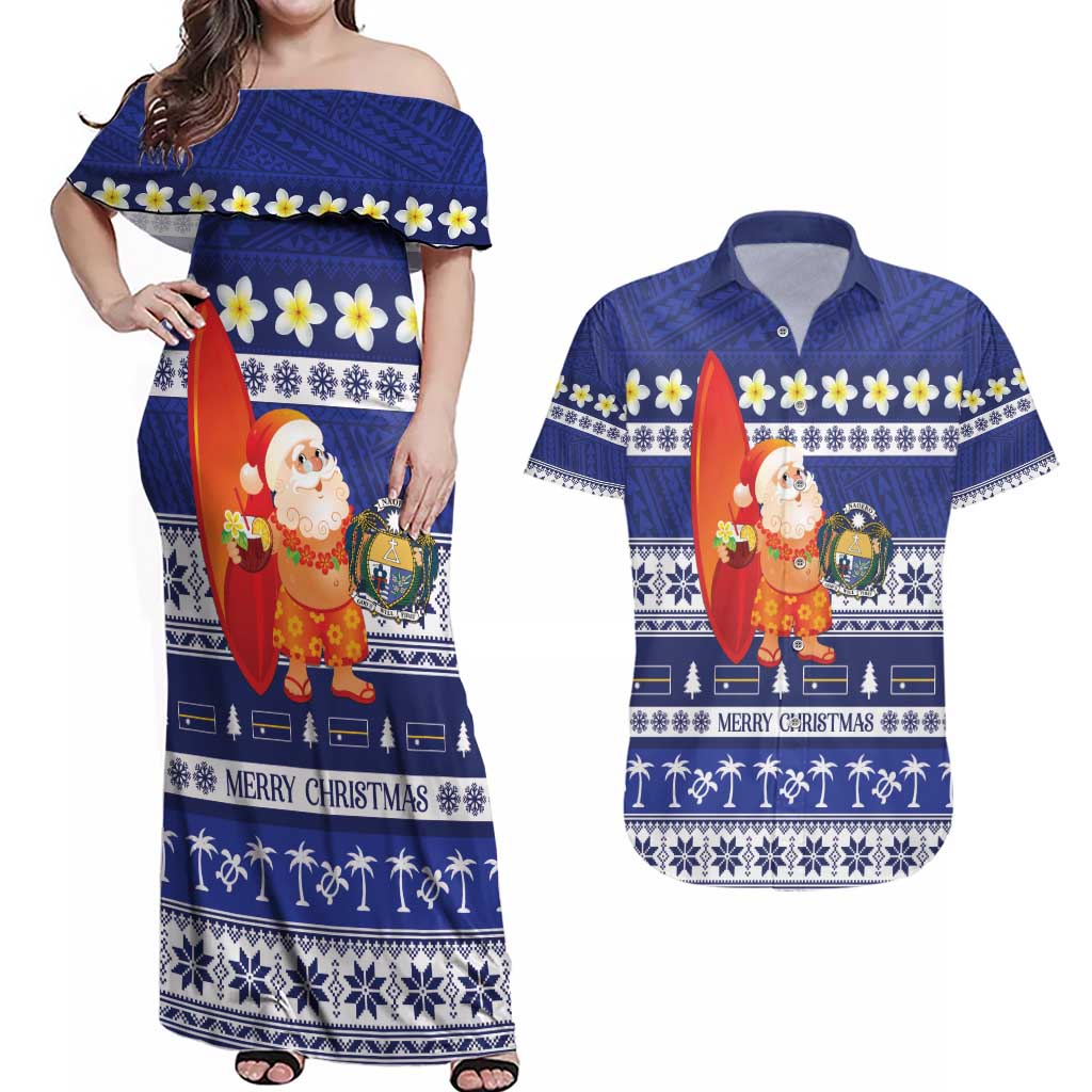 Nauru Christmas Couples Matching Off Shoulder Maxi Dress and Hawaiian Shirt Cute Santa Coat Of Arms Merry Xmas - Polynesian Pride