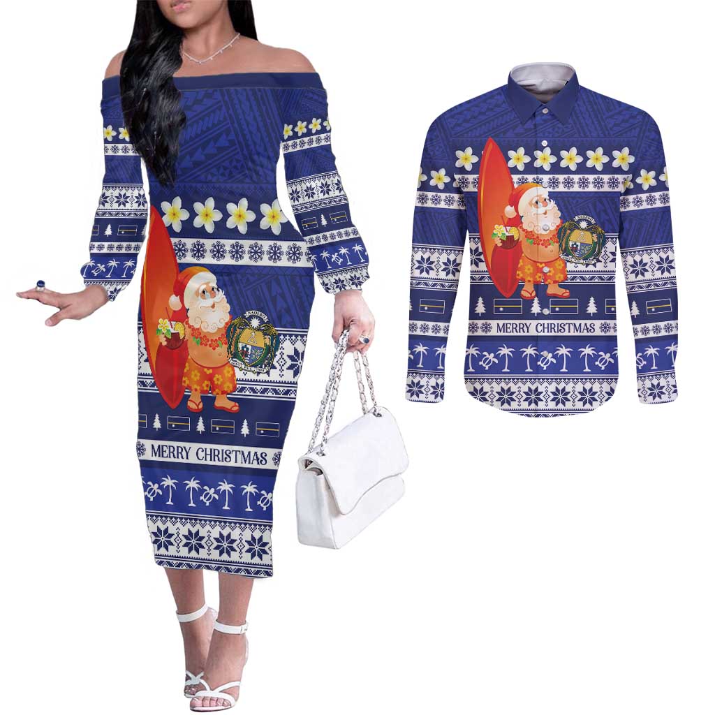 Nauru Christmas Couples Matching Off The Shoulder Long Sleeve Dress and Long Sleeve Button Shirt Cute Santa Coat Of Arms Merry Xmas - Polynesian Pride