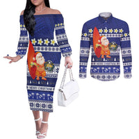 Nauru Christmas Couples Matching Off The Shoulder Long Sleeve Dress and Long Sleeve Button Shirt Cute Santa Coat Of Arms Merry Xmas - Polynesian Pride