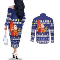 Nauru Christmas Couples Matching Off The Shoulder Long Sleeve Dress and Long Sleeve Button Shirt Cute Santa Coat Of Arms Merry Xmas - Polynesian Pride