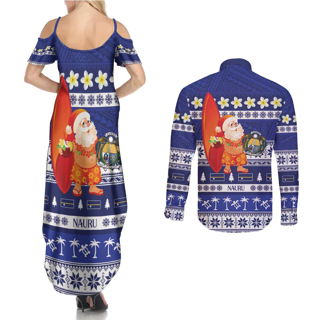 Nauru Christmas Couples Matching Summer Maxi Dress and Long Sleeve Button Shirt Cute Santa Coat Of Arms Merry Xmas - Polynesian Pride