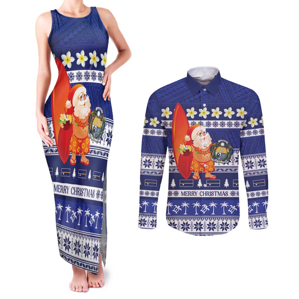 Nauru Christmas Couples Matching Tank Maxi Dress and Long Sleeve Button Shirt Cute Santa Coat Of Arms Merry Xmas - Polynesian Pride